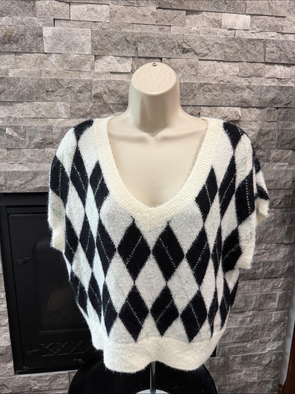 Free People Cream and Black Argyle V-Neck Sweater